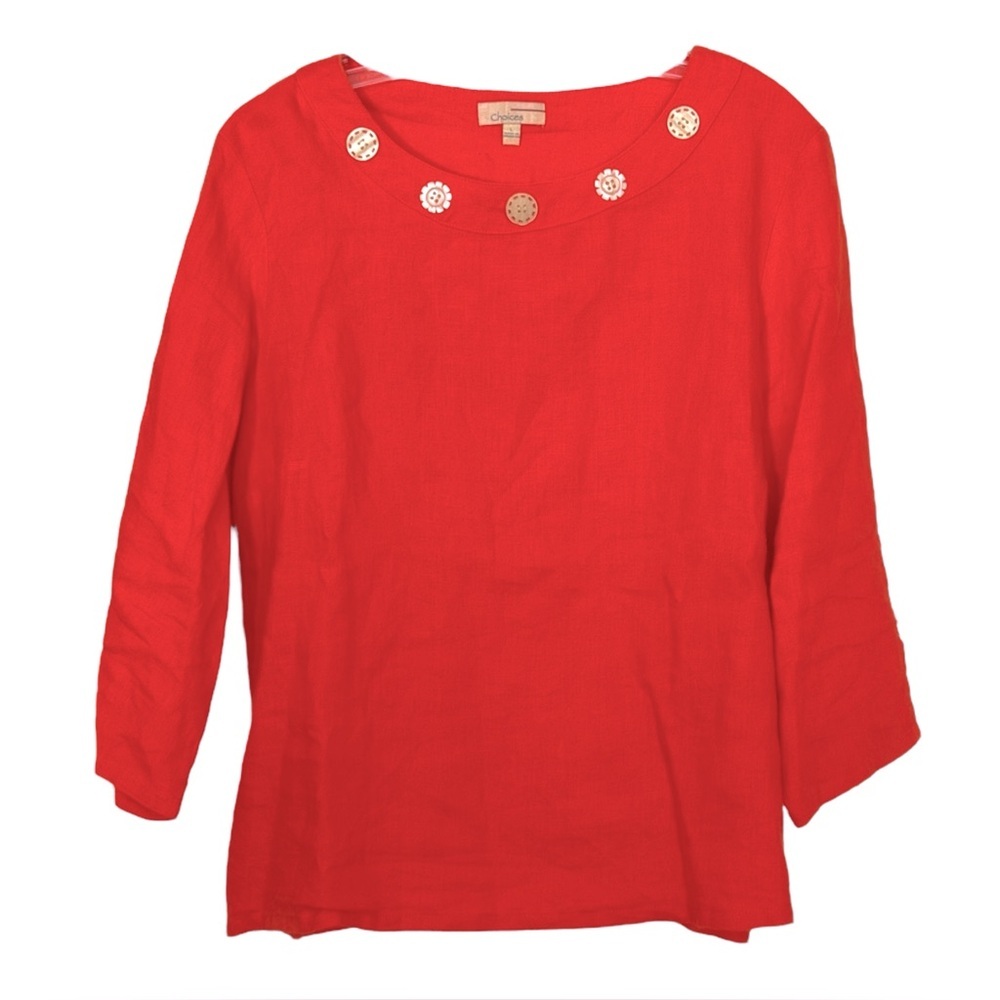Choices Size L Orange Linen 3/4 Sleeve Top Neck/Sleeve Pearl Button Detail